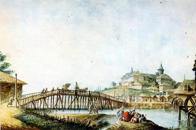 1285 - Muzeul de istorie a Municipiului Bucuresti. Ansamblul arhitectonic Mihai Voda la 1794, dupa originalul acuarelei lui Luigi Mayer
